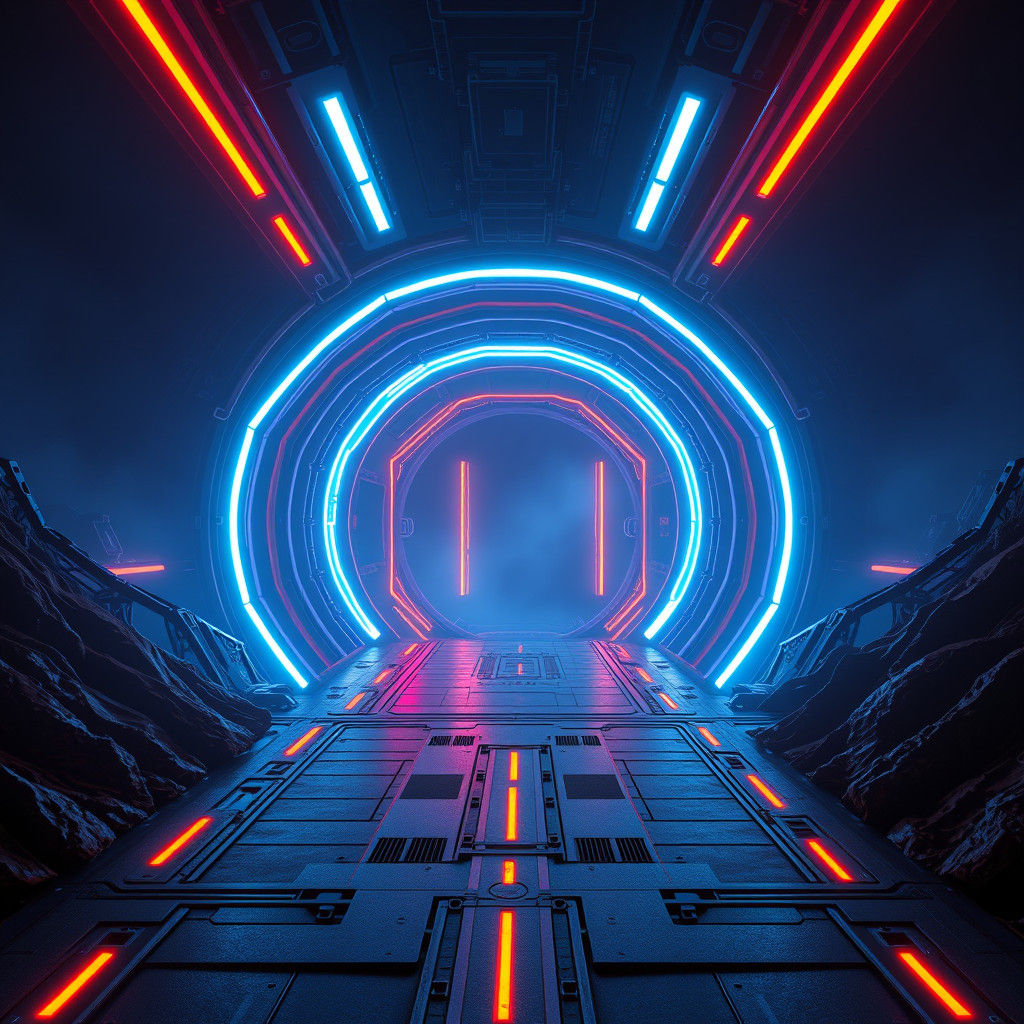 Futuristic Teleportation Screen in Neon-Lit Dystopia