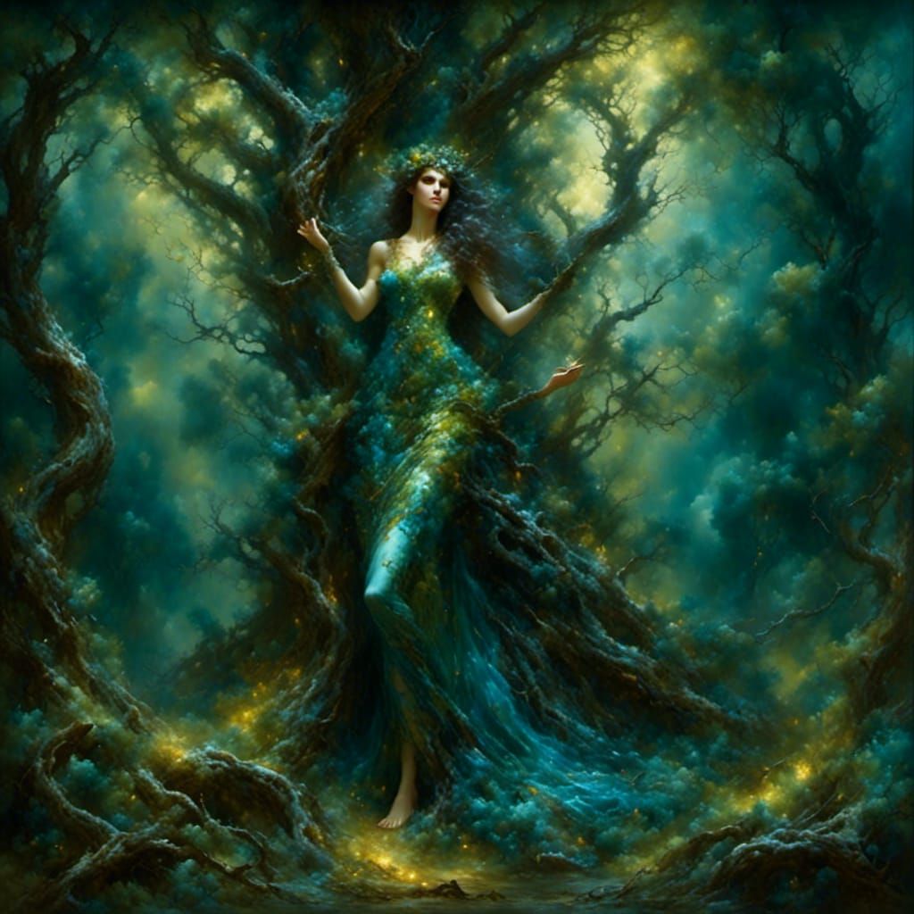 Dryad Emerges from Tree in Dark Forest