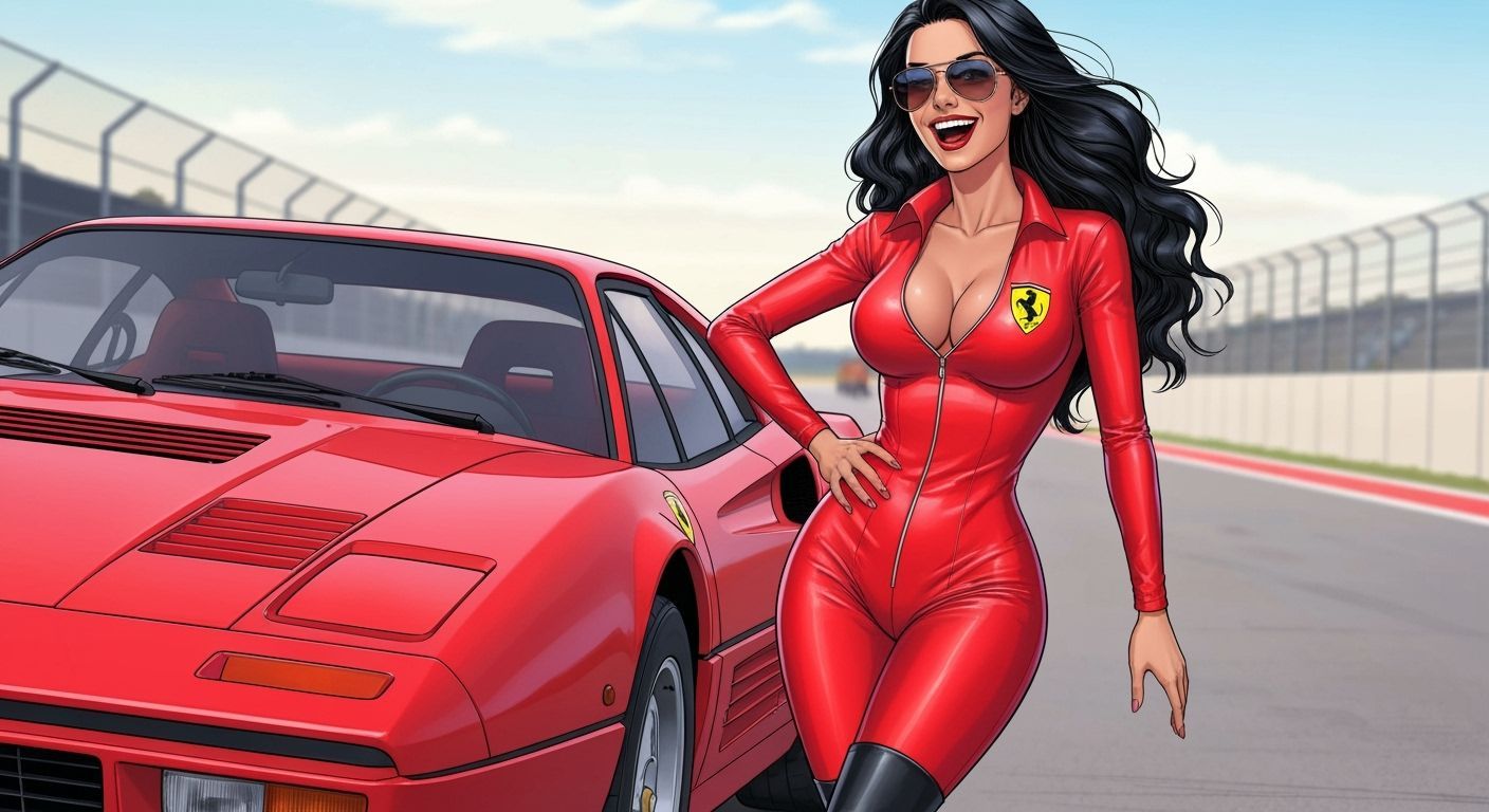 Italian Model in Red Catsuit with Ferrari, Comic Book Style