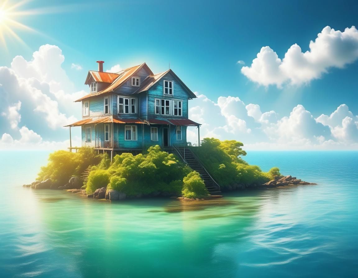 Rickety House on Tiny Island Bathed in Sunshine