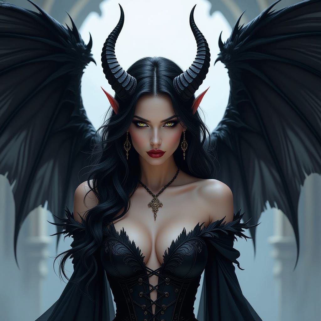 Beautiful Demon Woman with Raven Wings and Horns