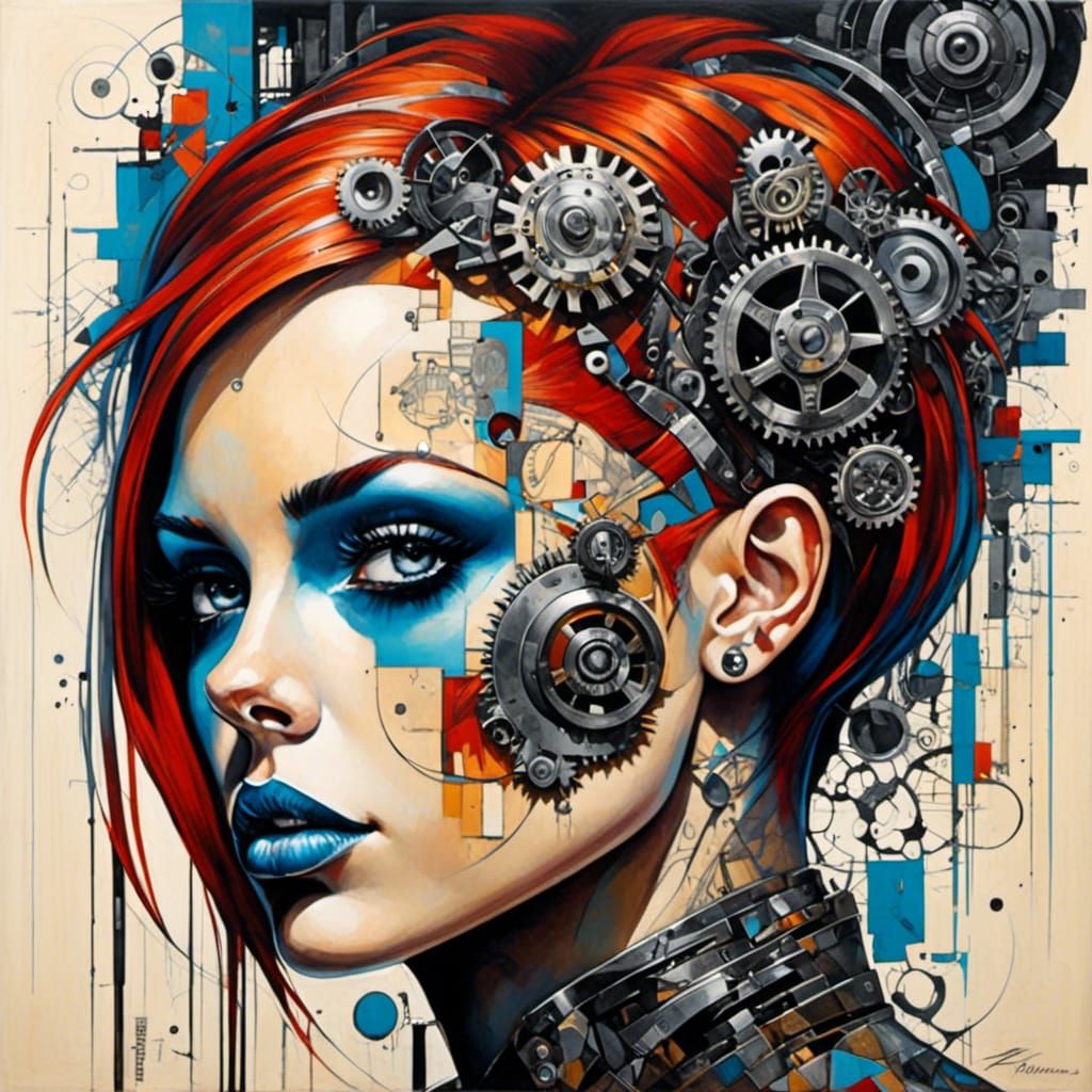 Edgy Punk Beauty in Cubist Mixed Media Portrait