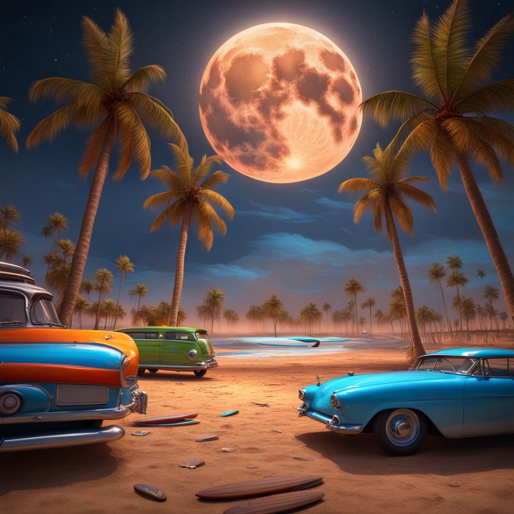 Full Moon Nightscape with Shooting Stars, Detailed Painting