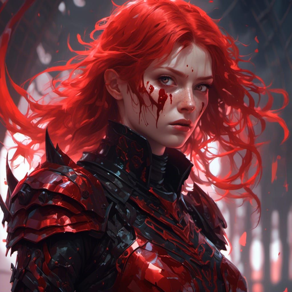 Demonic Ginger Woman in Blood Red Armor