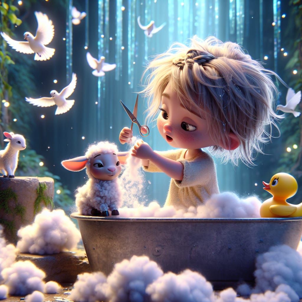 Sweet and cute animation little three-year-old European baby girl messy and cute hair scattered in blond color her face ...