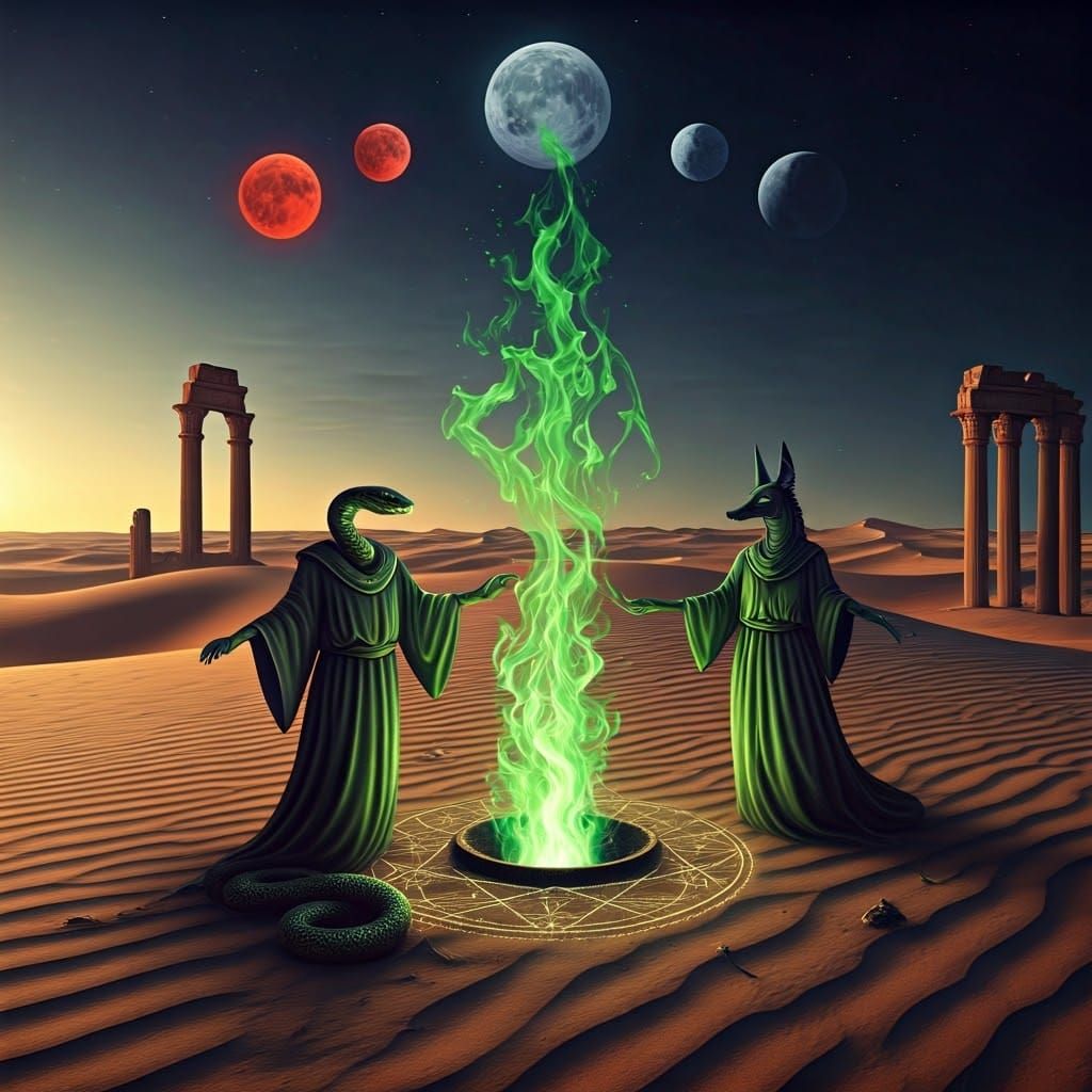 Surreal Desert Dance of Serpent Wizard and Jackal Witch