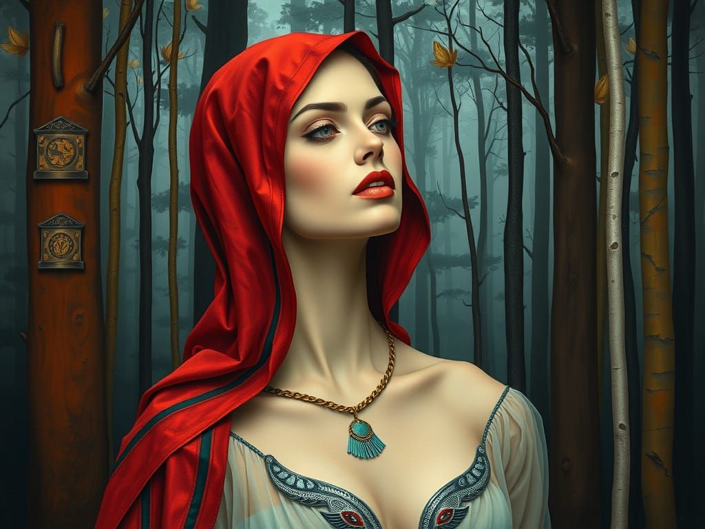 Surreal Elegant Woman in Red Hood, Art Nouveau Style