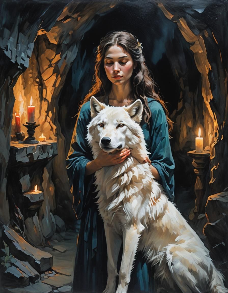 Candlelit Cave Portrait: Woman and White Wolf