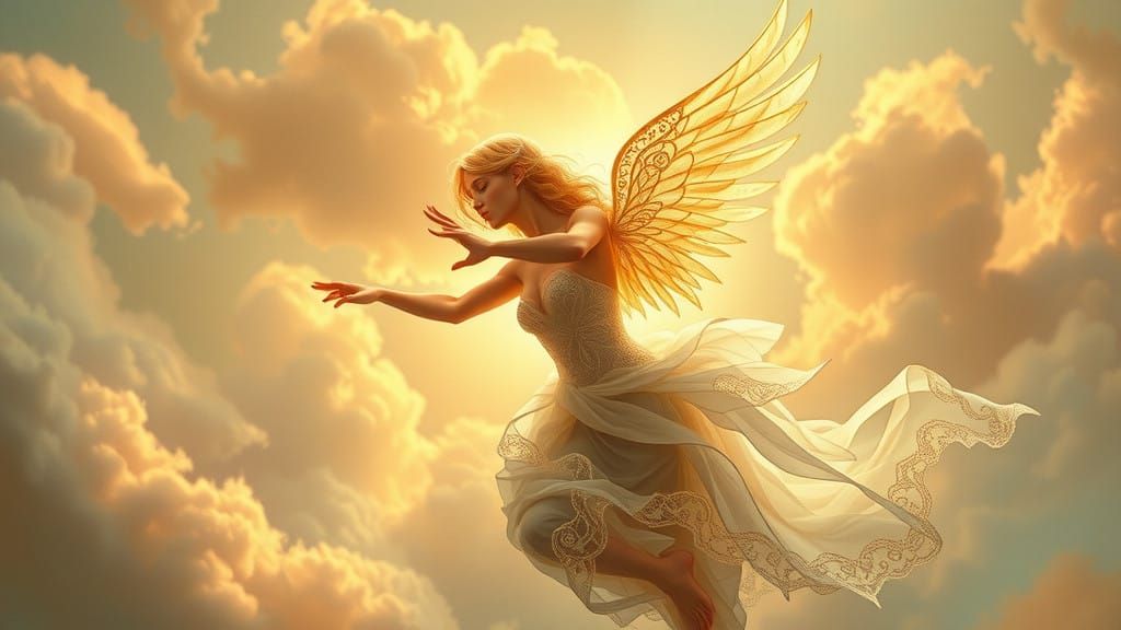 Dreamy Angel with Delicate Feathery Wings and Luminous Aura