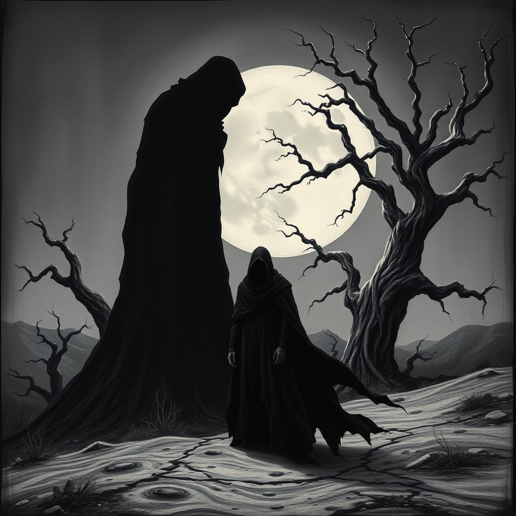Ominous Figure in Dreamlike Landscape, Surrealist Style