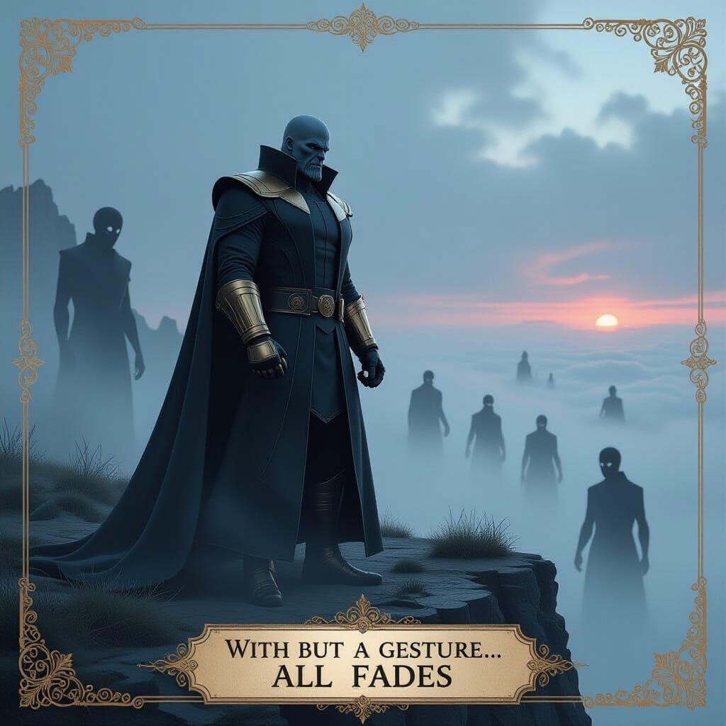 Steampunk Thanos on Foggy Cliffside in Art Deco Frame