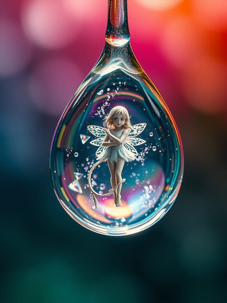 Tiny Fairy in Shimmering Raindrop, Hyperrealistic Concept Ar...