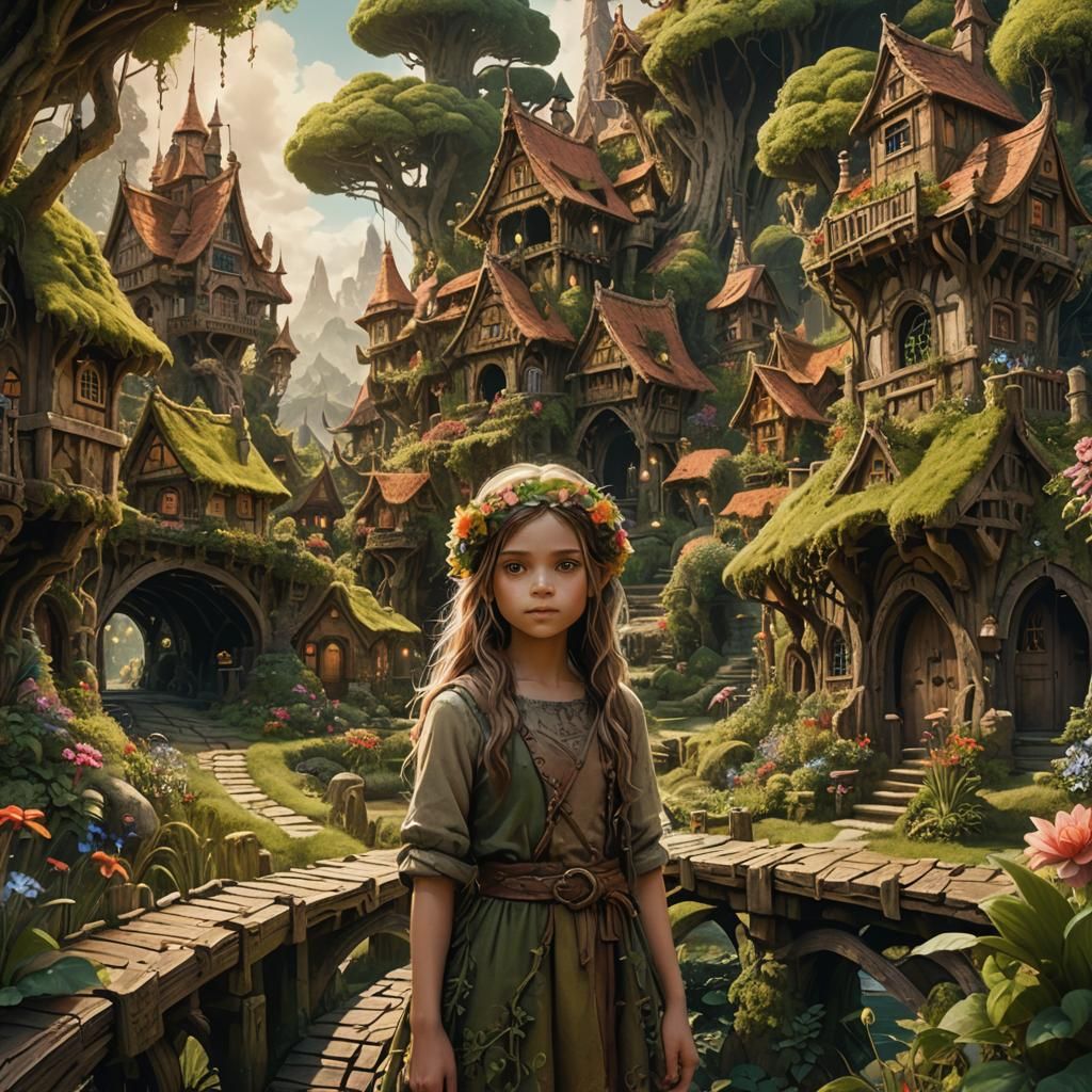 Whimsical Troll Village with Girl in Fantasy Art