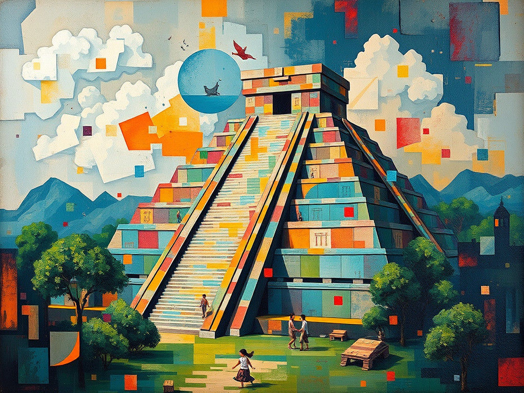 Ancient Mayan City in Geometric Oil Painting