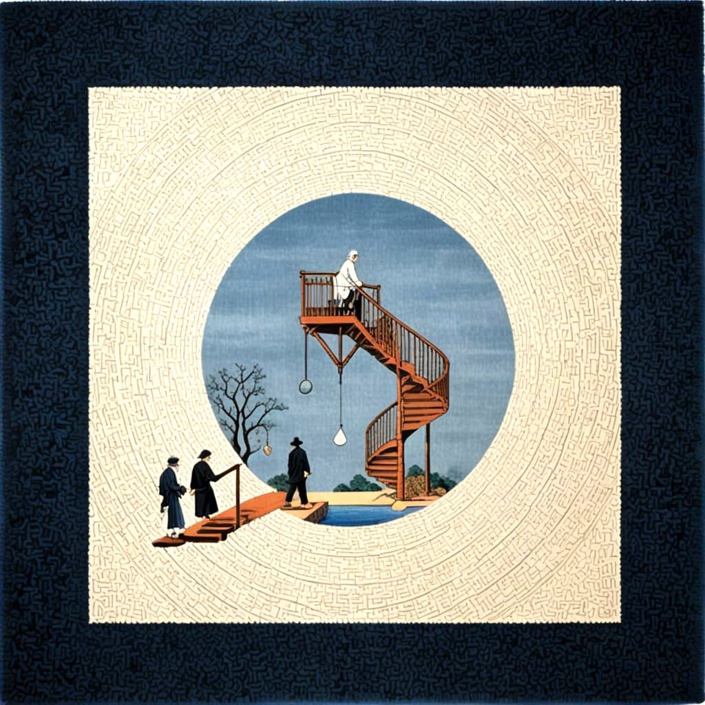 Surreal Stairway: Hokusai and Magritte Inspired Scene