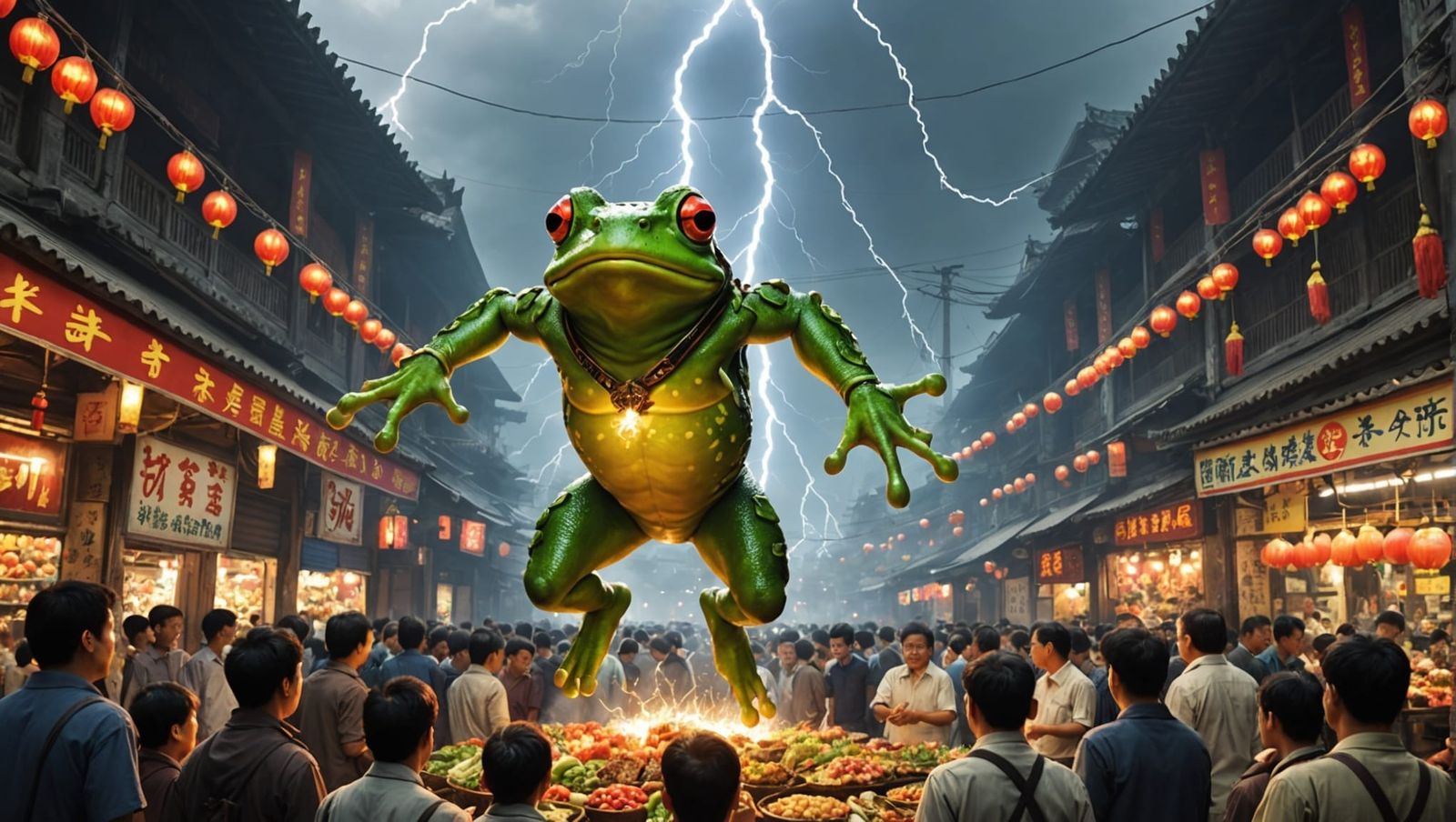 God Frog Emitting Lightning Above Sacrificial Market