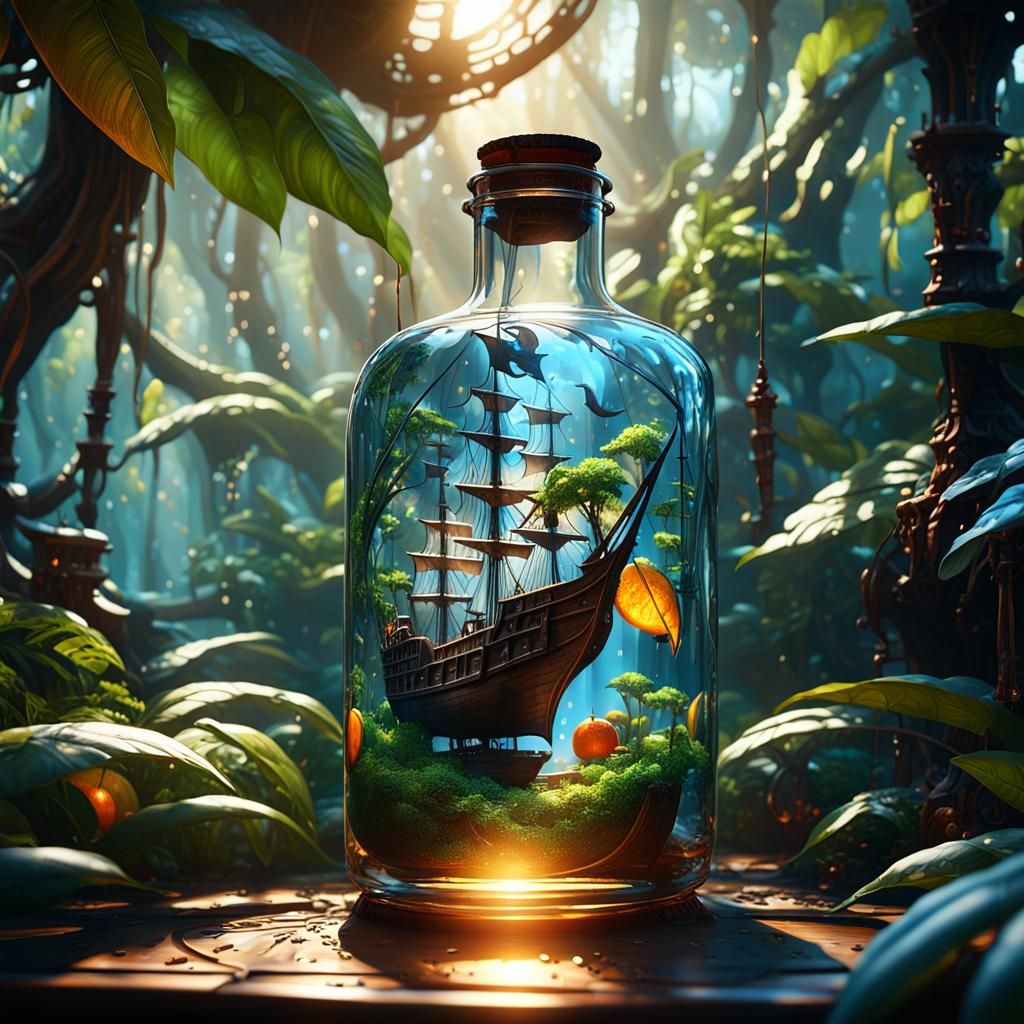 Mystical Pirate Ship Trapped in Glass Bottle