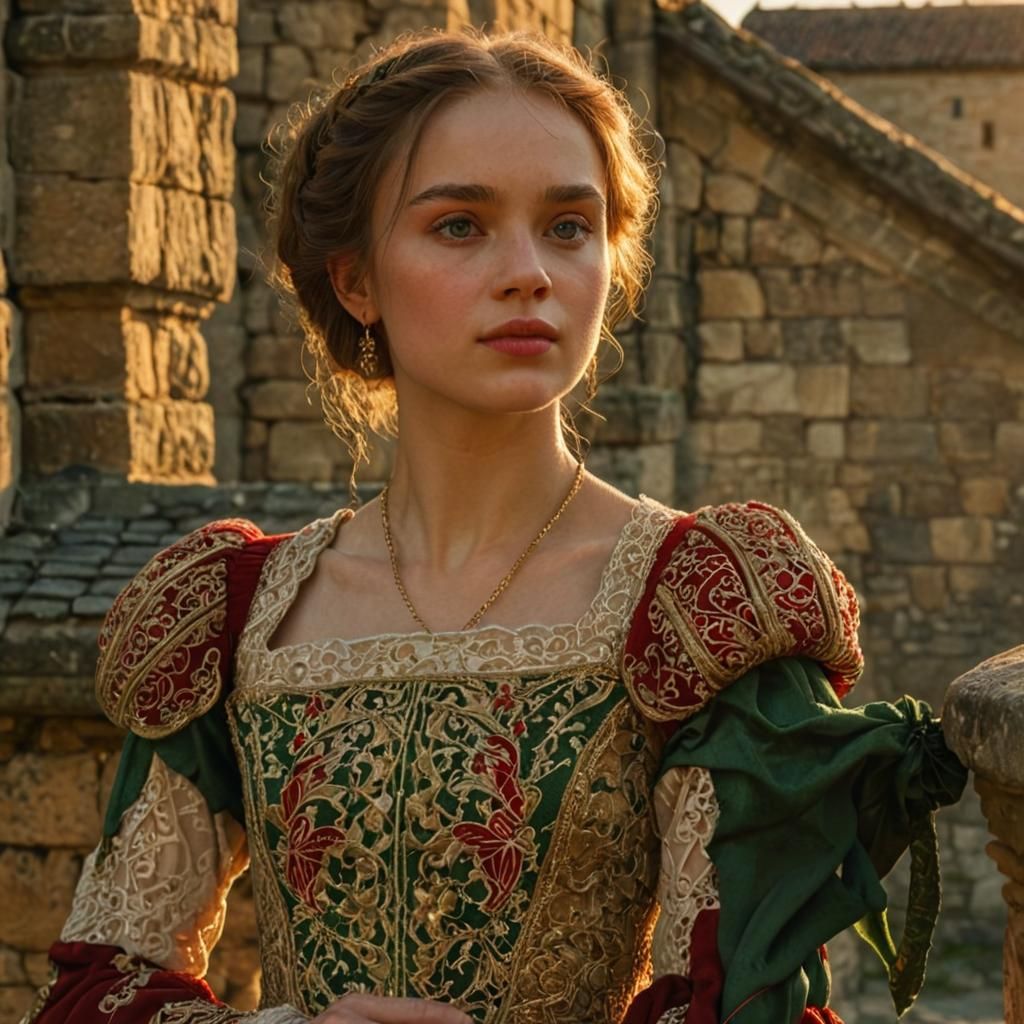 Medieval Lady on Balcony at Sunset