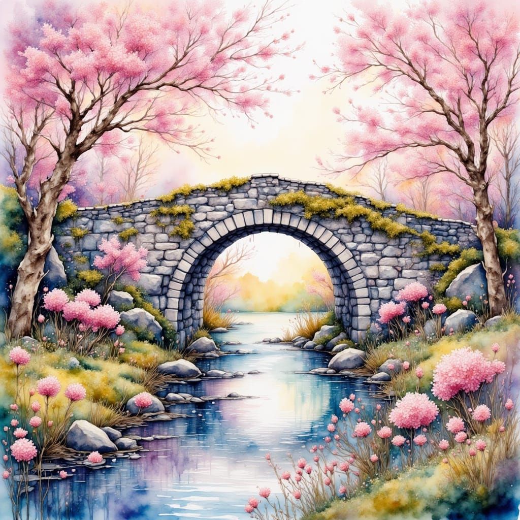 Cherry Blossom Spring: Watercolor Stone Bridge