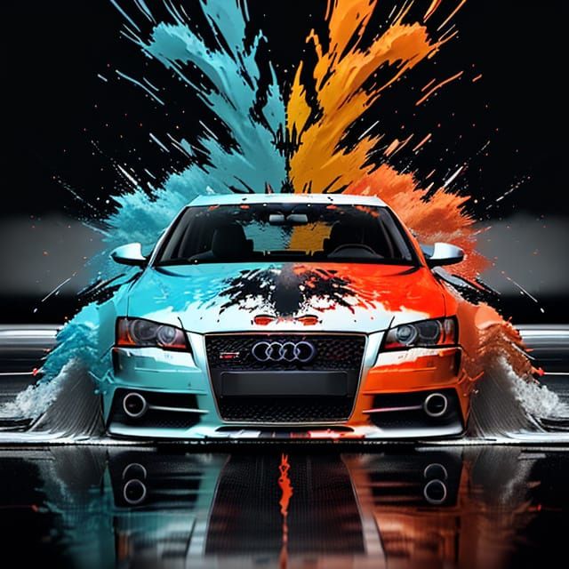 Fiery Red Audi Splashing Through Abstract Paint