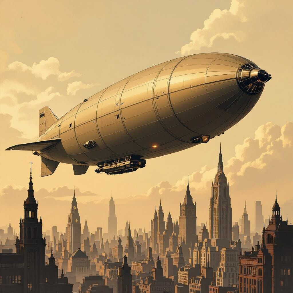 Airship Over Metropolis in Graphic Novel Style