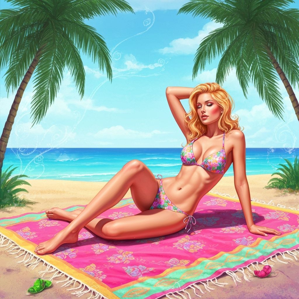 Woman in Floral Bikini Lounging on Beach
