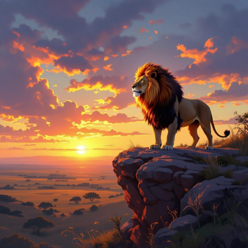 Fiery Lion Overlooking Savanna at Sunset: Magical Realism