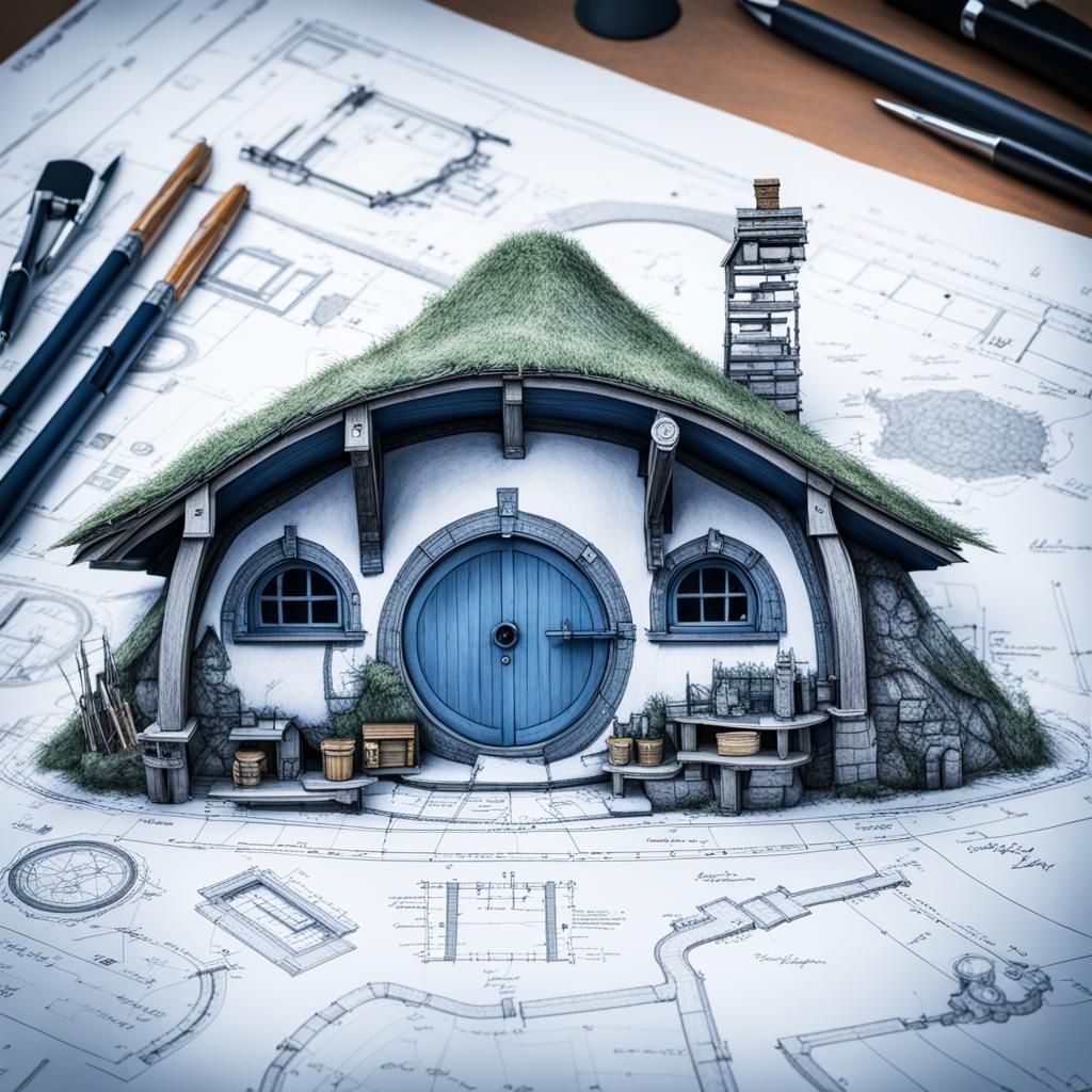Detailed Blueprint of a Hobbit Home on A4 Paper