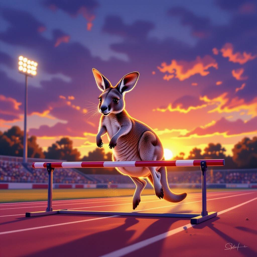 Baby Kangaroo Leaping High Jump Bar At Dusk