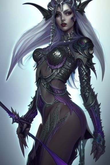 silver demonic elf queen; fantasy battle armor