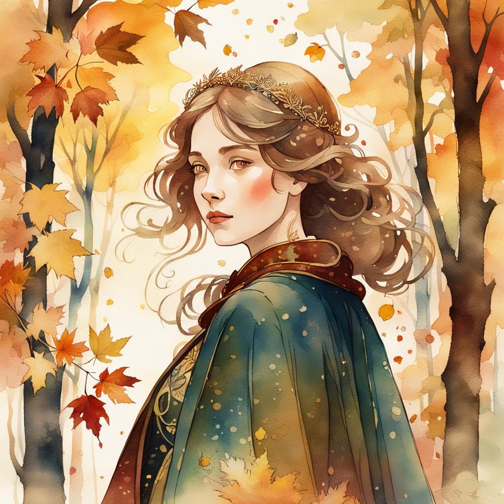 Curvy Princess in Autumn Forest, Watercolor Art Nouveau