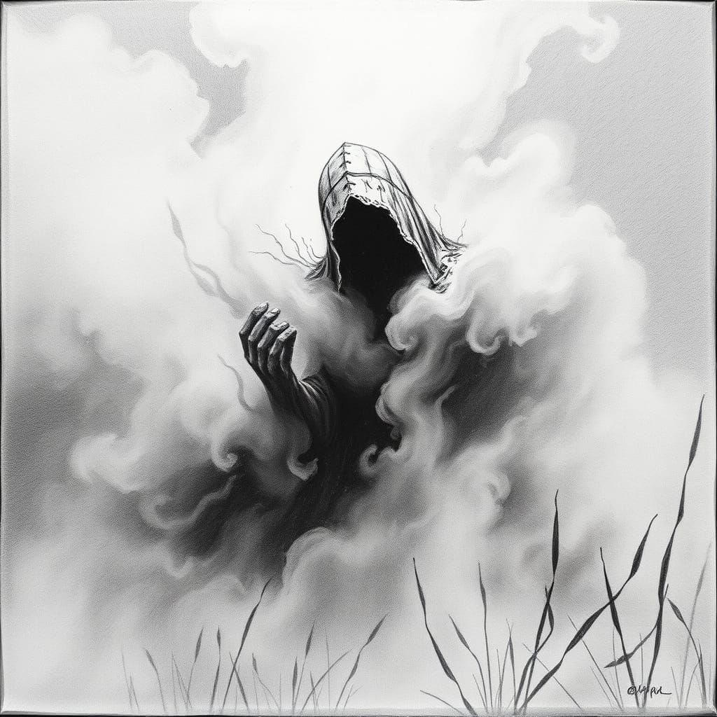 Mysterious Figure in Mist: Hyperdetailed Charcoal Drawing
