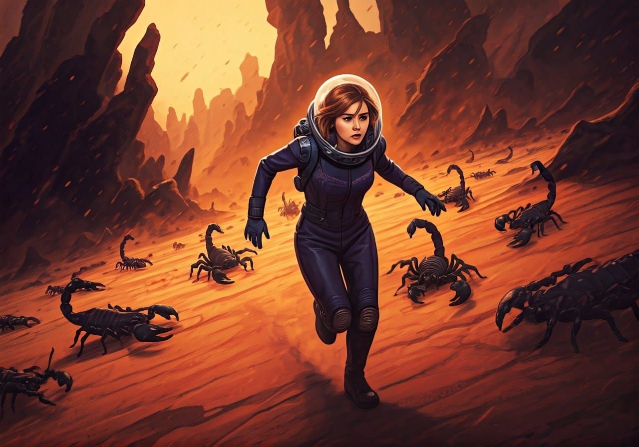 Dark Spacesuit Heroine Fleeing Alien Scorpions