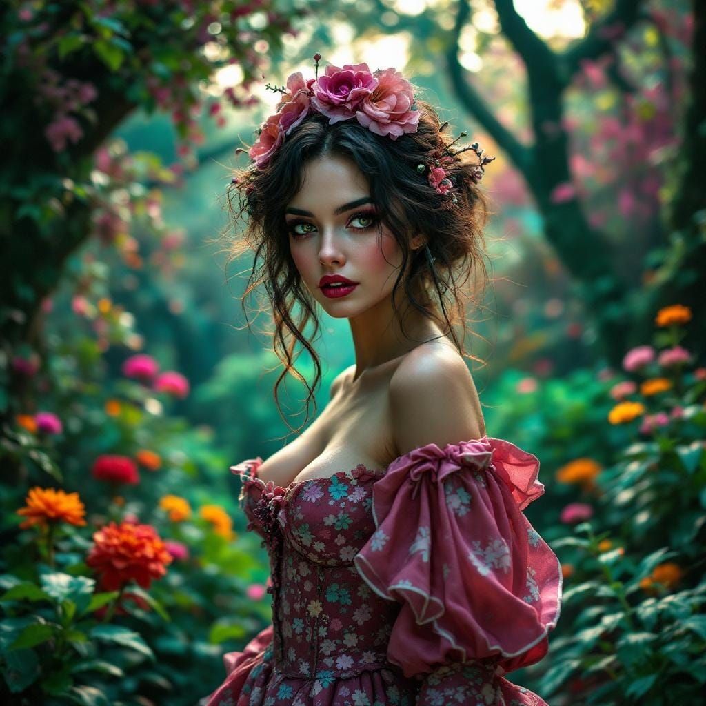 Gothic Woman in a Whimsical Garden: Burtonesque Portrait