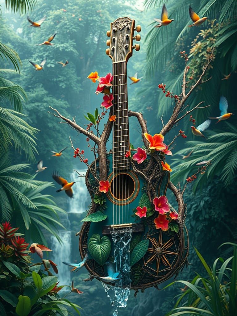 Tropical Guitar in Vibrant, Detailed Forest Backdrop