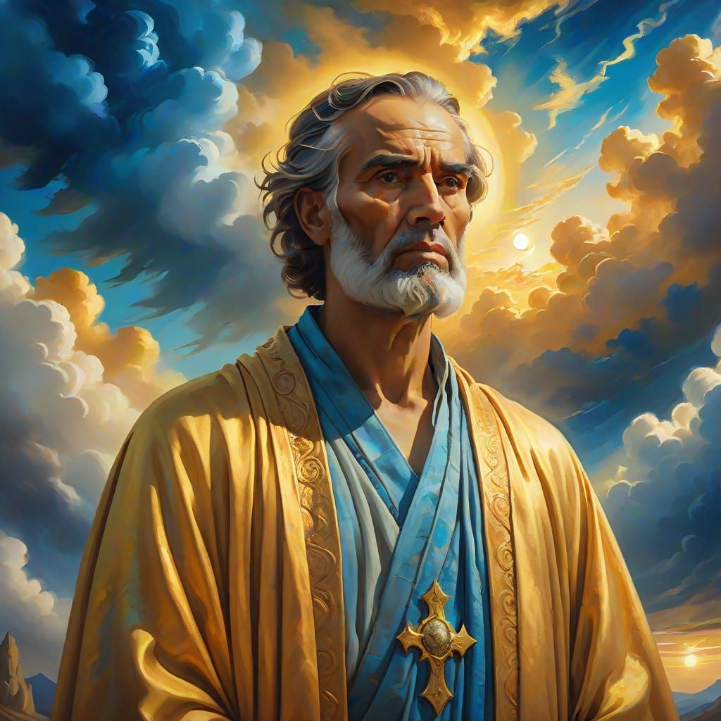 Apostle in Mystical Landscape: Surreal Oil Painting