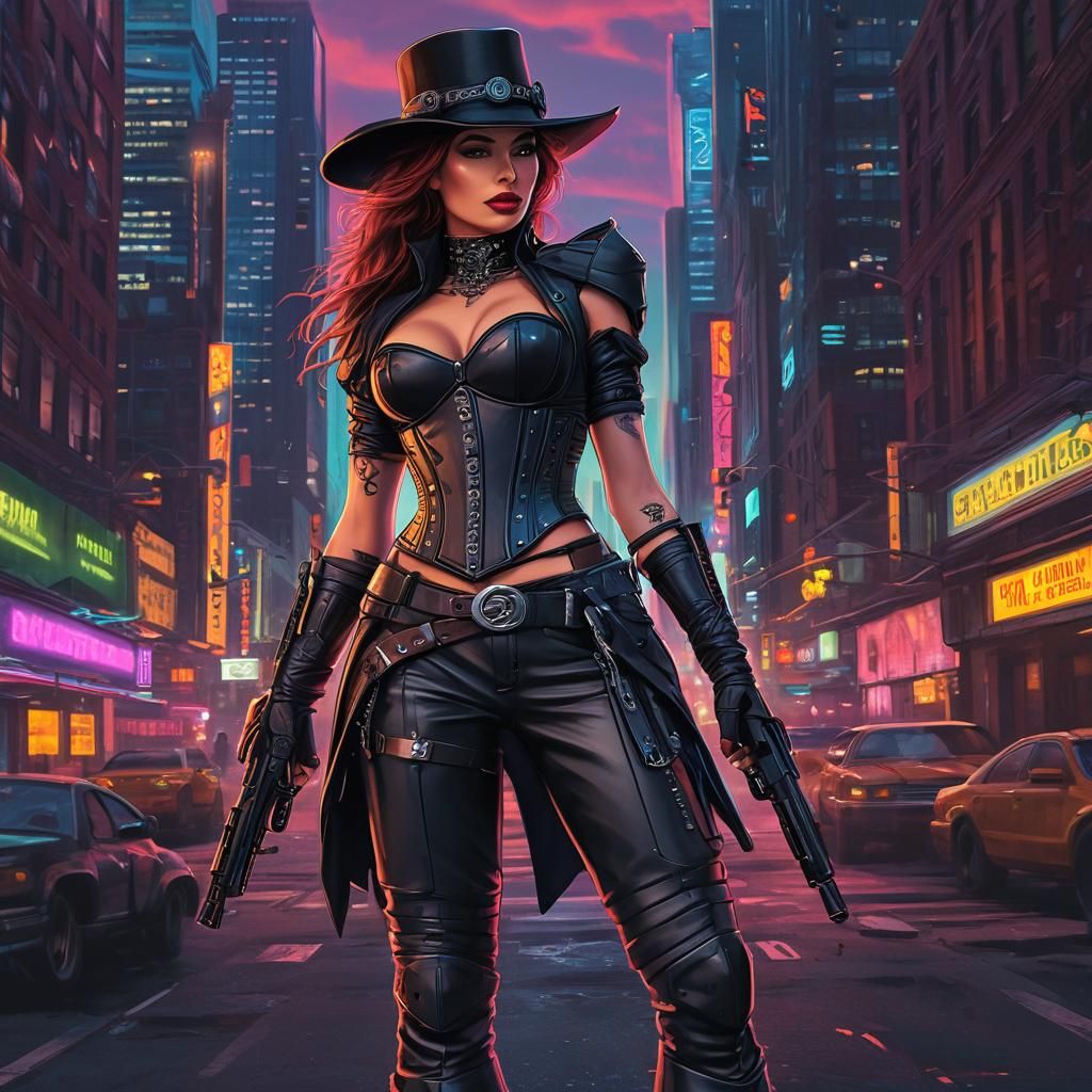 Cyberpunk Gunslinger Rides in Futuristic New York Sunset