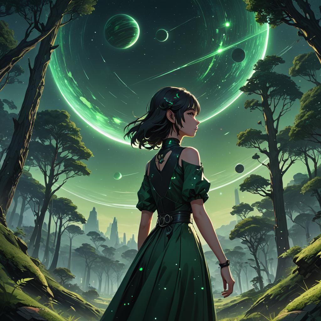 Anime Girl Gazing at Green Saturn Planet