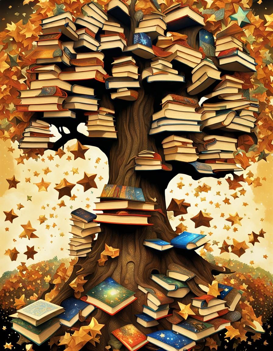 Gilded Books Falling from Tree in Cyberpunk Art Nouveau Styl...