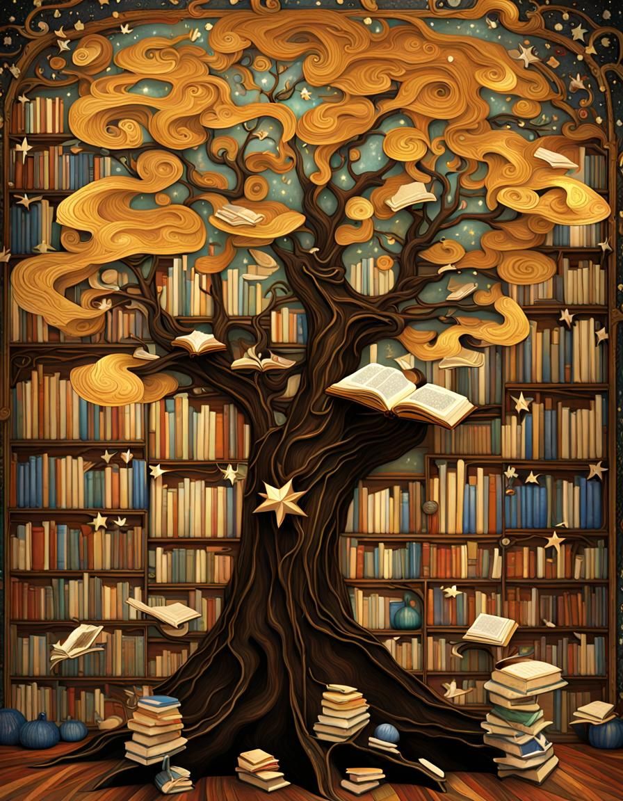 Golden Books cascade from tree branches in a Star Wars-inspi...