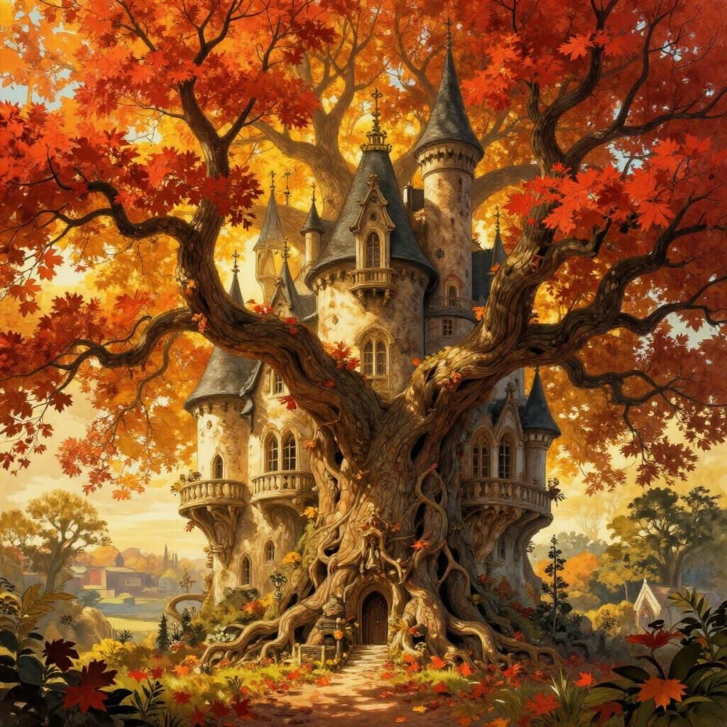 Autumn Tree Castle in Vibrant Hues