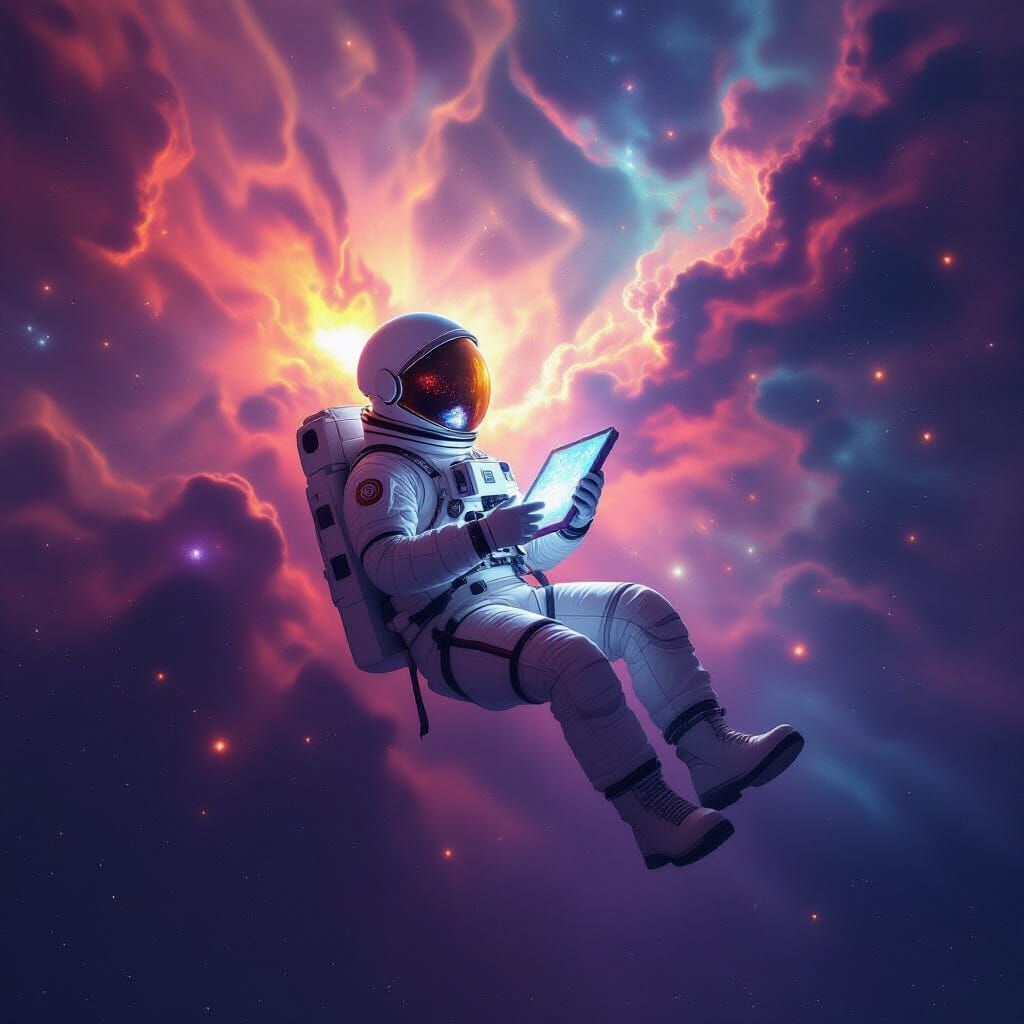 Astronaut Adrift in Cosmic Nebula, Clutching Cracked Data Pa...