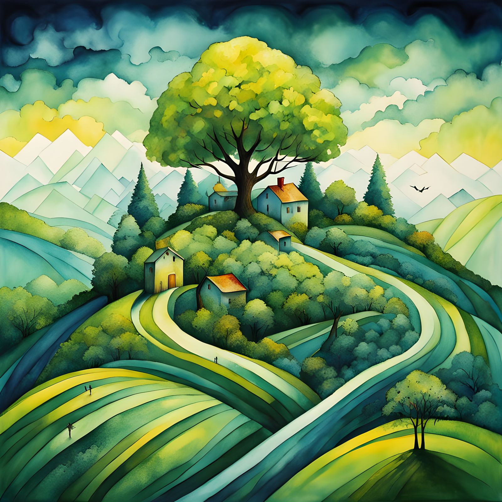 Whimsical Geometric Surrealism in a Vibrant Village