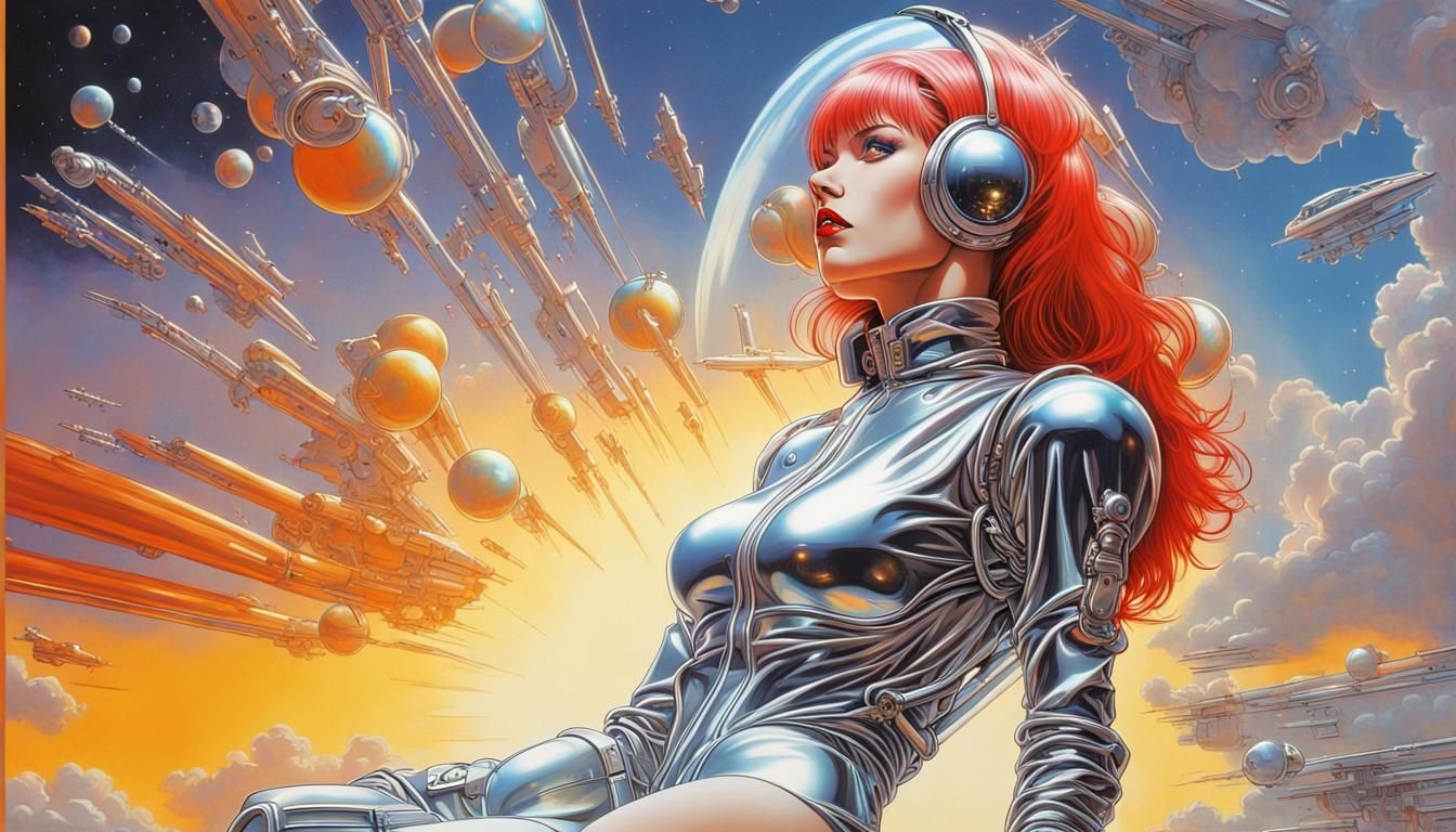 Chrome Cyborg Pin-Up in Retro-Futuristic Style