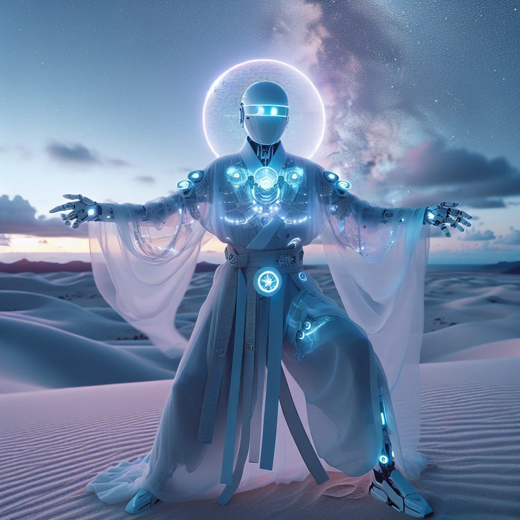 Cyborg in Vaporwave Techwear Controls Galaxy