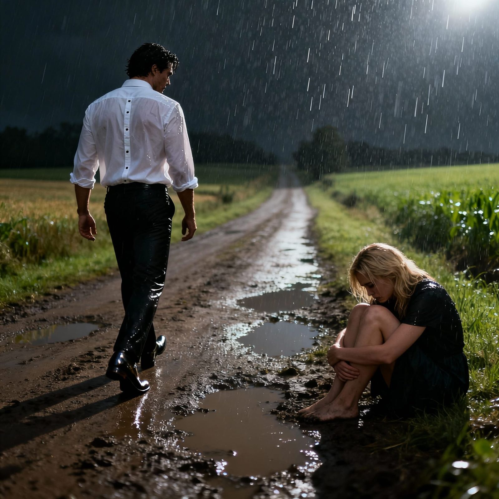 Man Walks Away From Woman on Rainy Farm Road