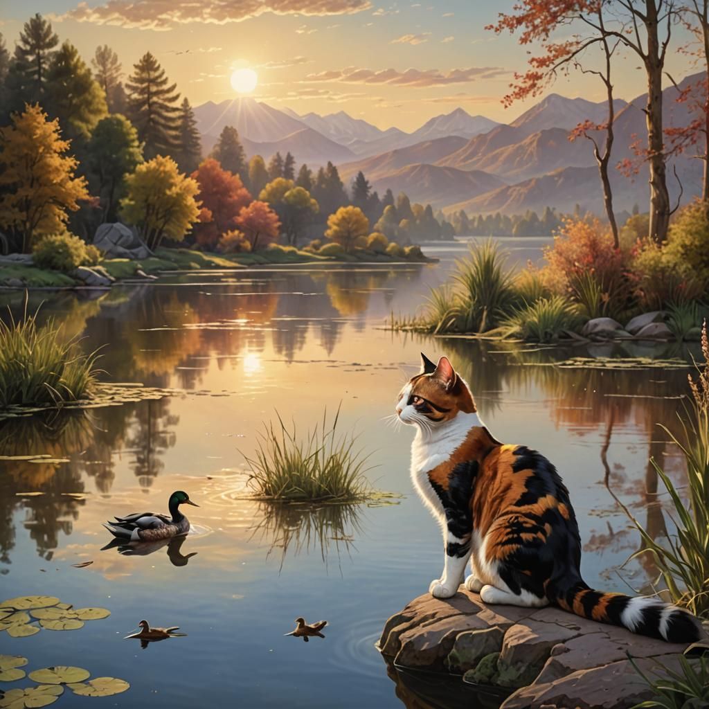 Calico Cat Watches Duck at Sunset: Matte Painting