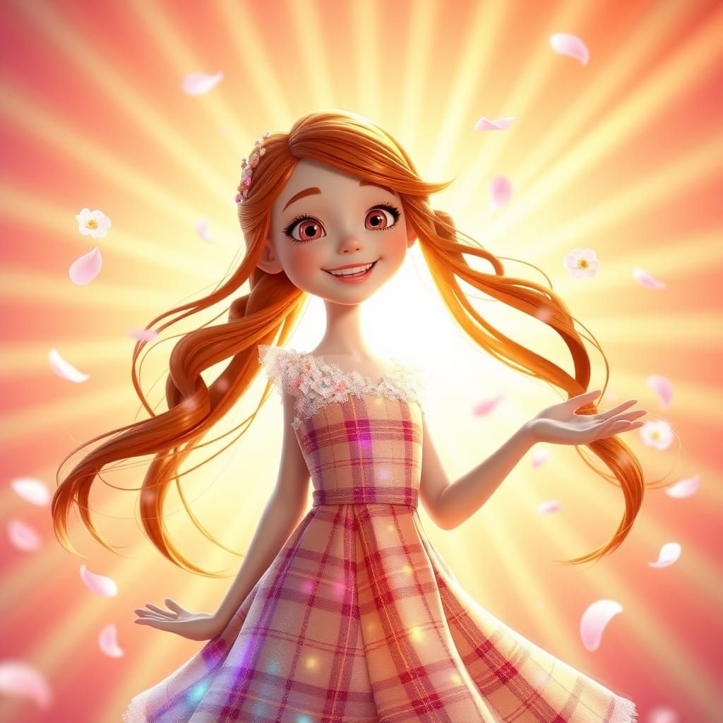 Redhead Girl in Iridescent Dress with Flower Petals