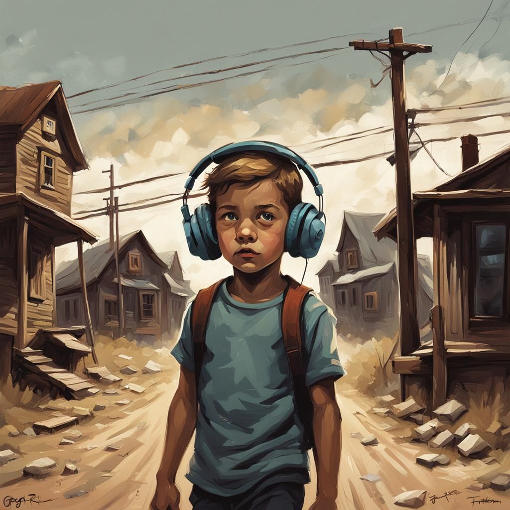Child with Headphones in Old Town, Dramatic Digital Art