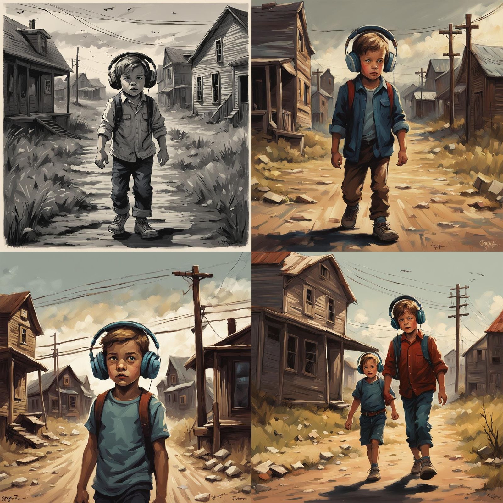 Child with Headphones in Old Country Town